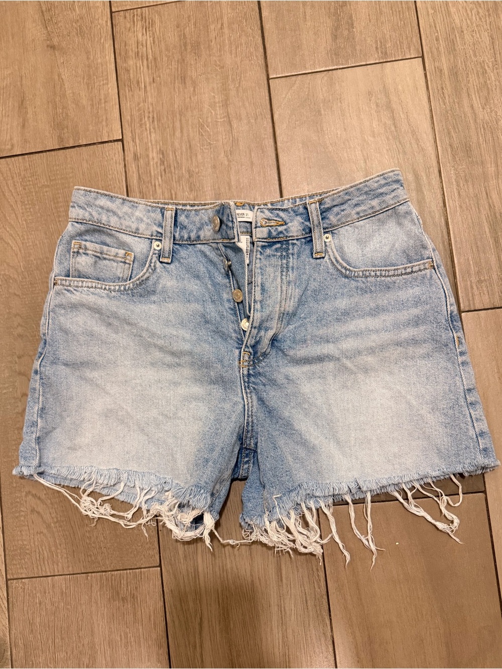 Forever 21 Light Wash Frayed Denim Shorts